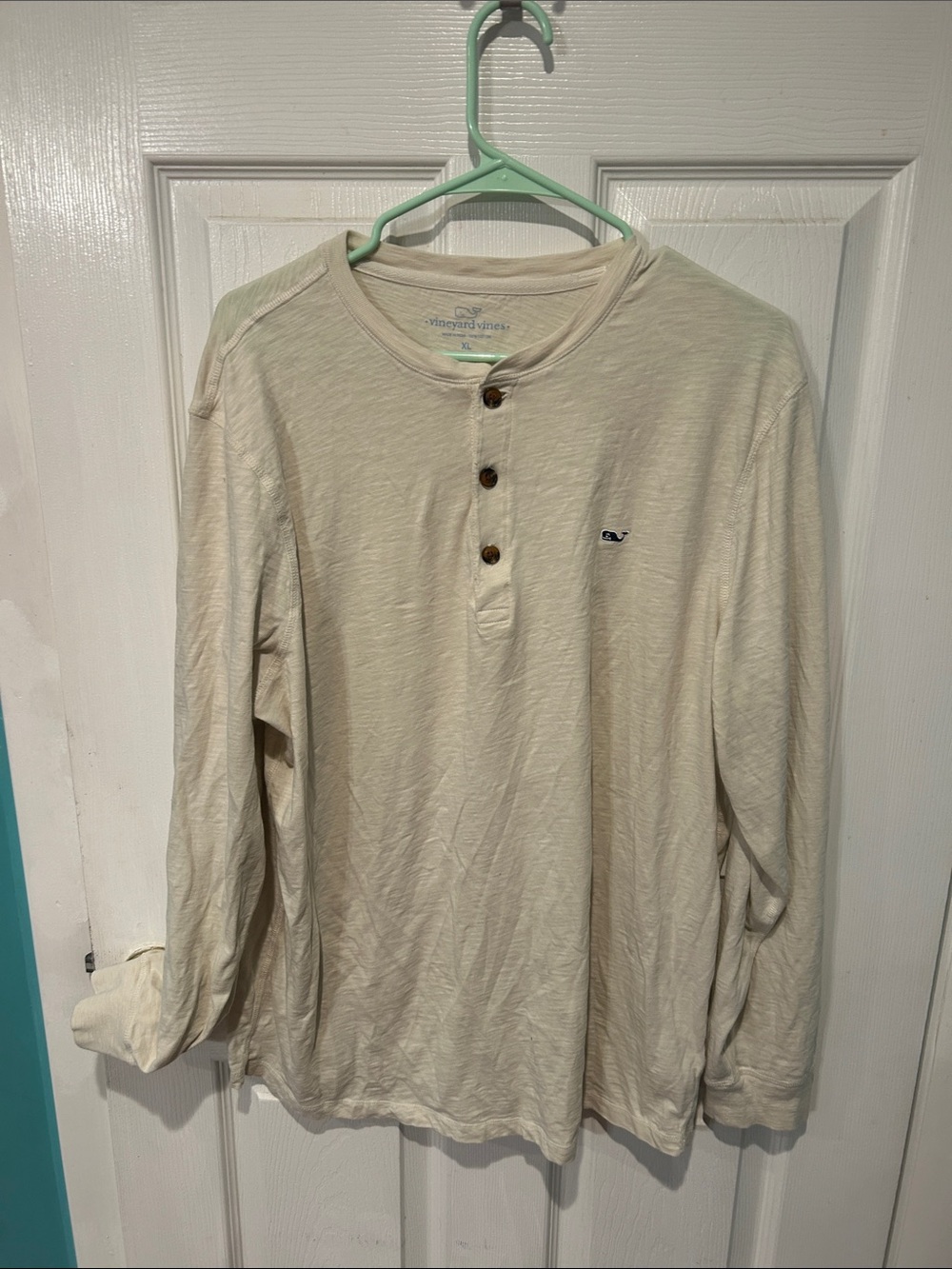 Vineyard Vines Cream Long-Sleeve Henley with Whale Emblem